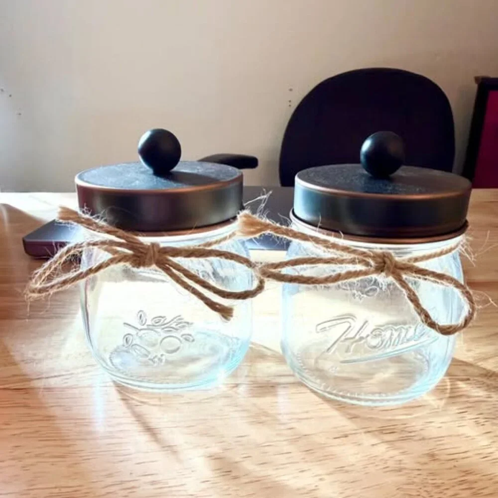 Oil Rubbed Bronze Glass Jars Bathroom Kitchen Organizers Apothecary Vanity 2 Pk